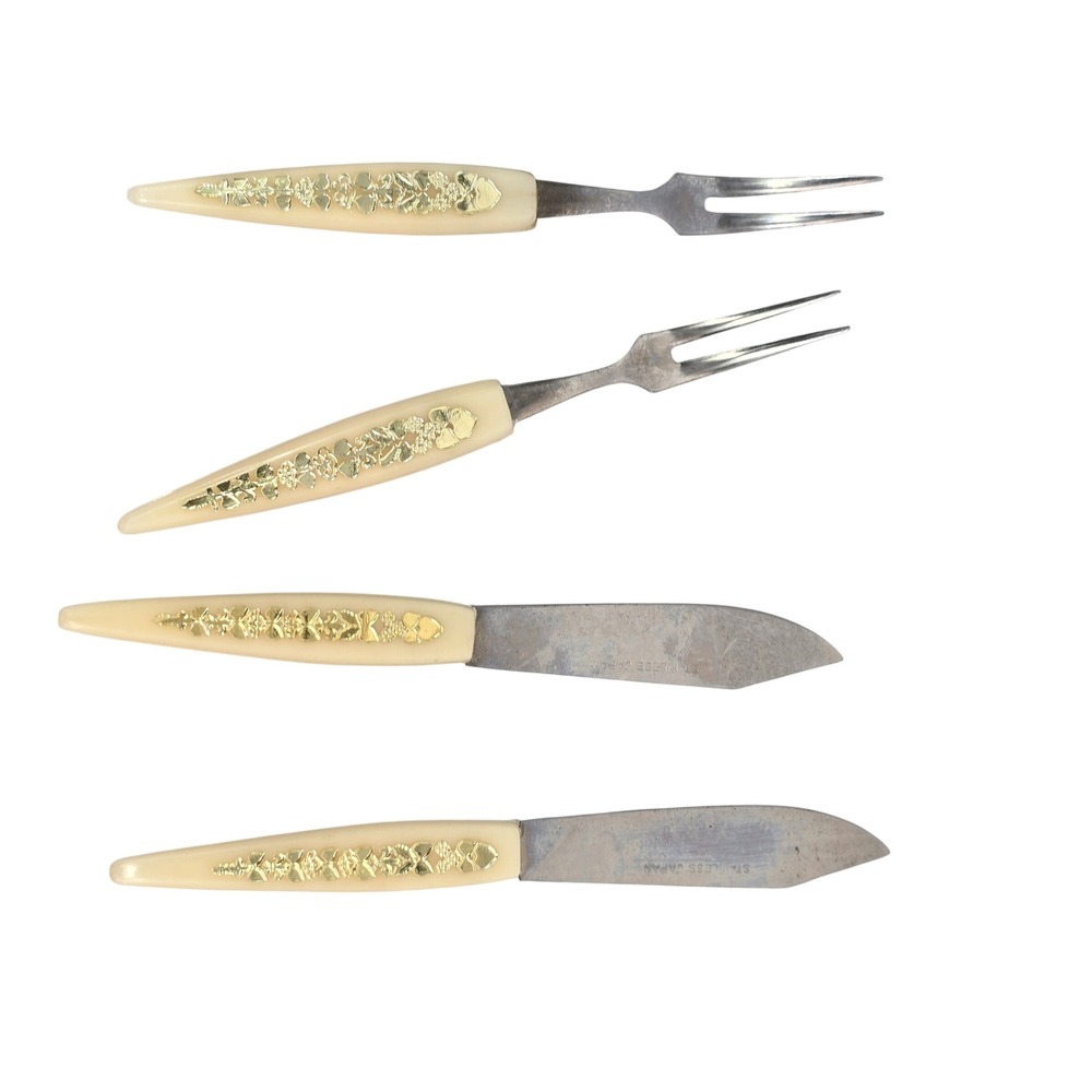 Vintage Stainless Japan Appetizer Set 4pc Gold Filigree Cream Handle MCM Fork